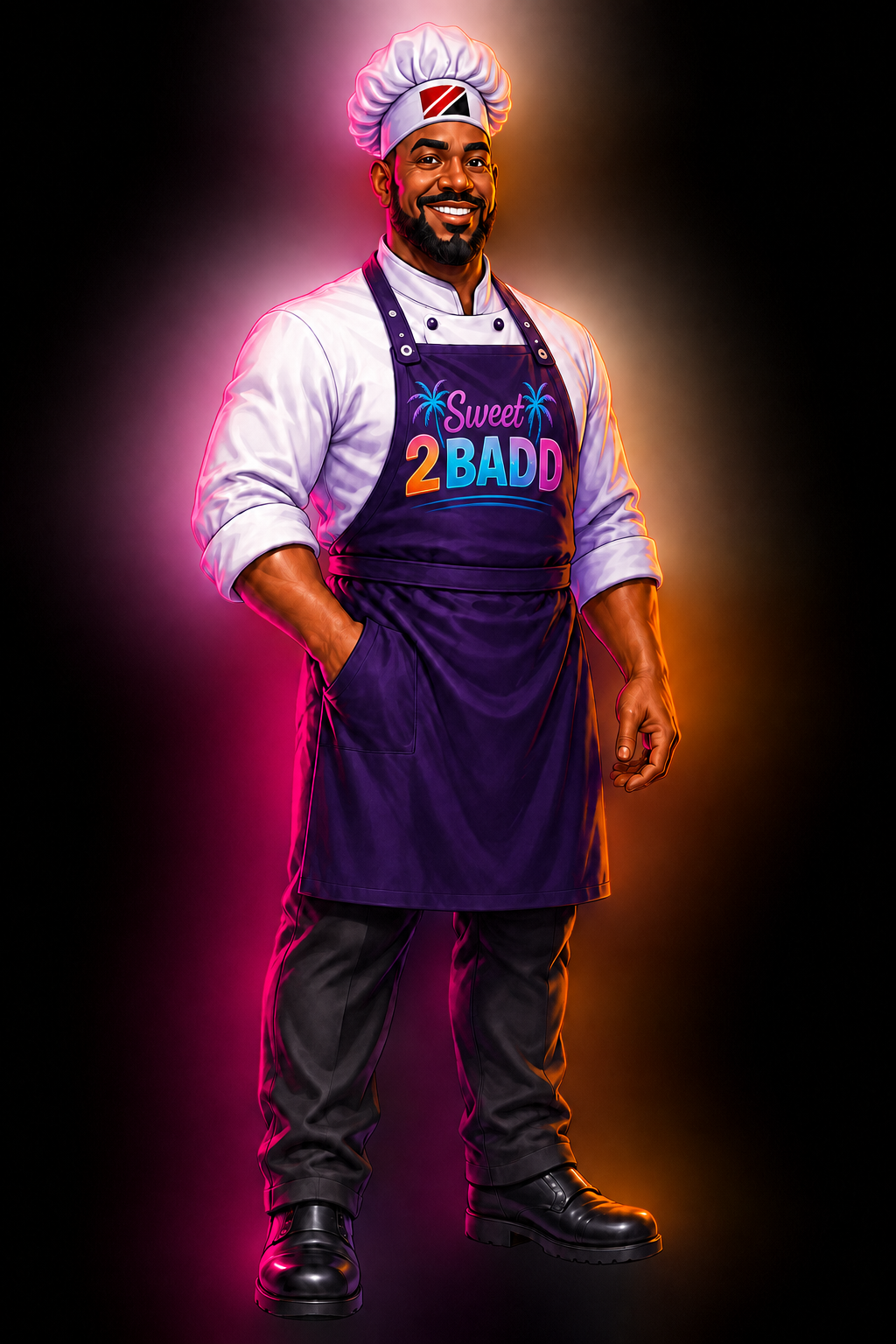 Illustrated portrait of Chef Jimmelle in a Sweet 2 Badd apron and Trinidad-inspired chef toque